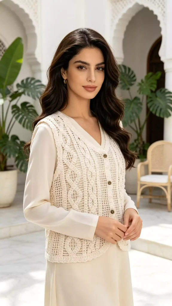 A model posing on a European-style estate terrace, wearing a white crochet vest over a beige dress, showcasing an elegant and sophisticated resort-wear style.