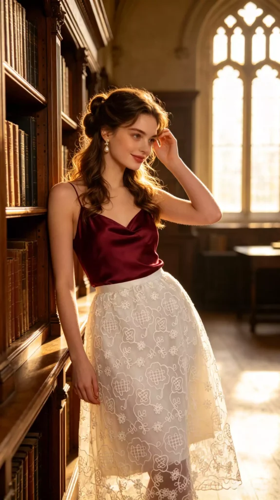 A model in an old library wearing a white embroidery lace skirt and a burgundy silk camisole, showcasing an elegant and intellectual vintage style.