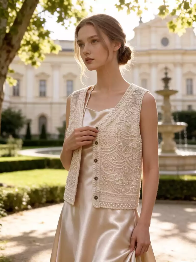 A model posing by a fountain in a European estate, wearing a white embroidery crochet vest and a silk dress, showcasing an elegant and sophisticated resort-wear style.