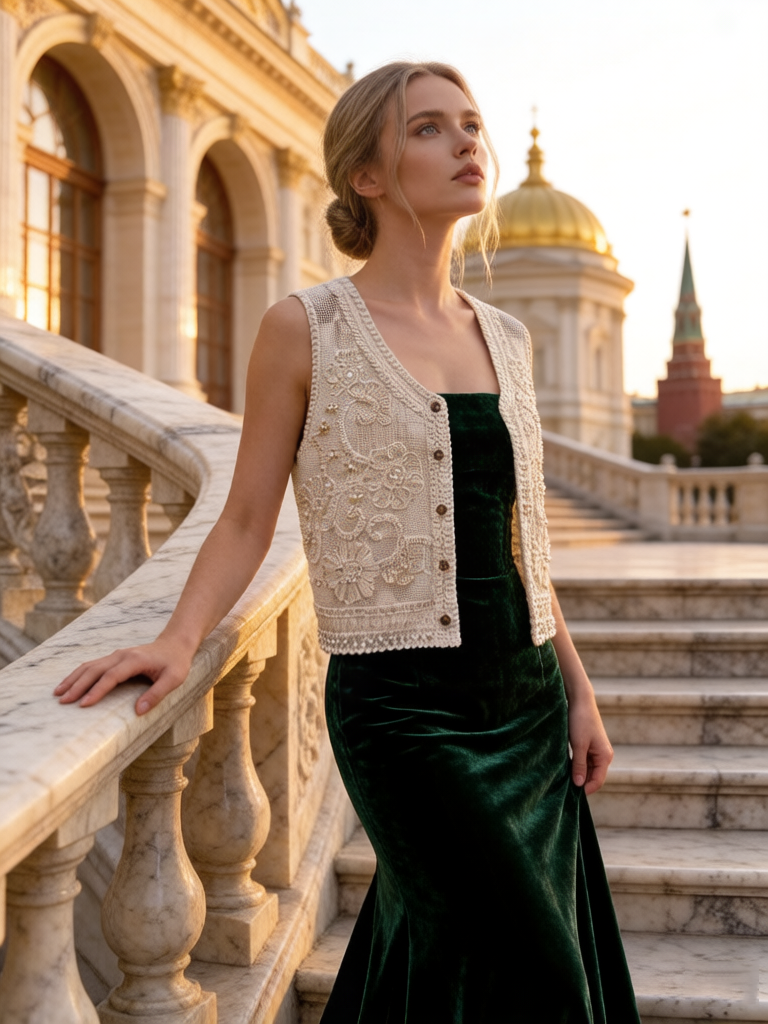 A model wearing a white floral embroidery crochet vest and a deep green velvet gown, standing on a grand palace staircase, showcasing sophisticated vintage style.
