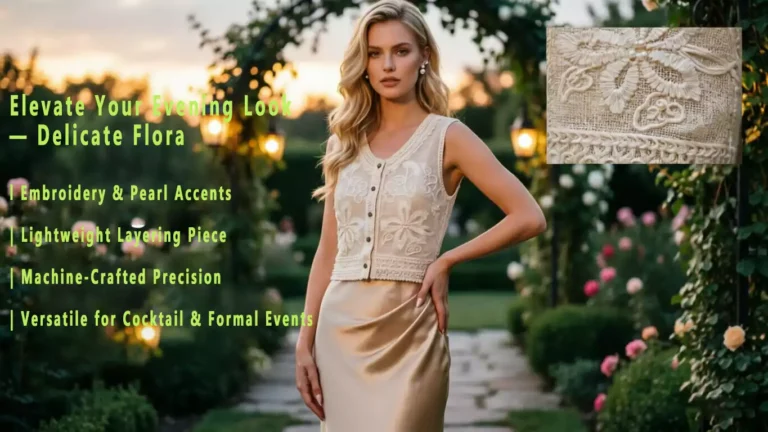 A promotional poster featuring a floral embroidery vest, with key benefits listed on the left and a close-up of the embroidery and pearl details in the top right.