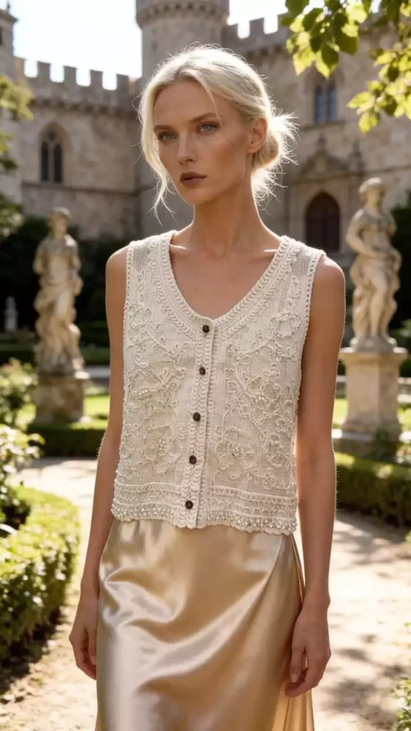 A blonde model wearing a pearl-adorned crochet vest and a satin maxi skirt, posing in a castle garden, showcasing elegant vintage style.