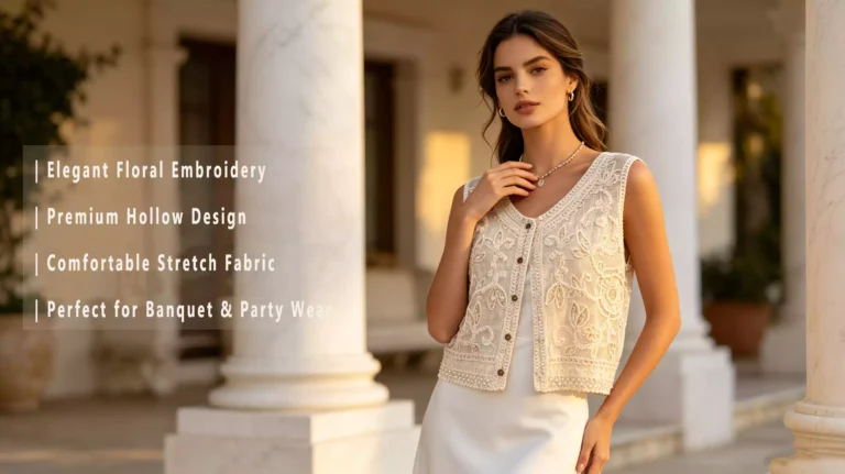 A model posing in front of classical columns, wearing a white floral embroidery hollow-out vest, with product highlights like elegant embroidery and banquet suitability listed on the left.
