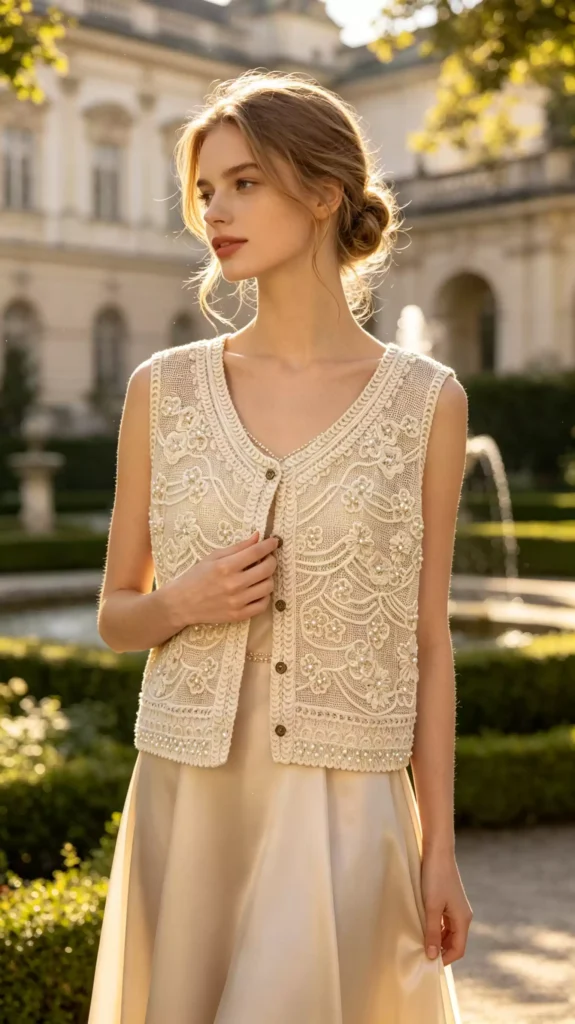 A model wearing a white pearl-embroidery crochet vest and a silk dress, standing before a fountain in a European estate, showcasing elegant resort-wear style.
