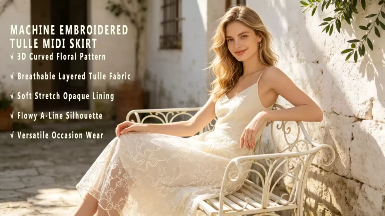 Woman in a cream machine-embroidered tulle midi skirt with a 3D curved floral pattern, sitting outdoors.