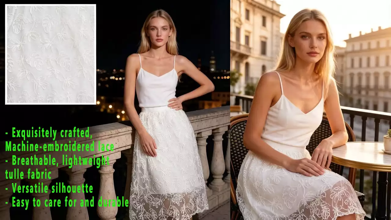 A dual-image promotional banner showing a model wearing an embroidered tulle skirt on a balcony and at a cafe, with key features listed on the left and a fabric detail inset in the top left.