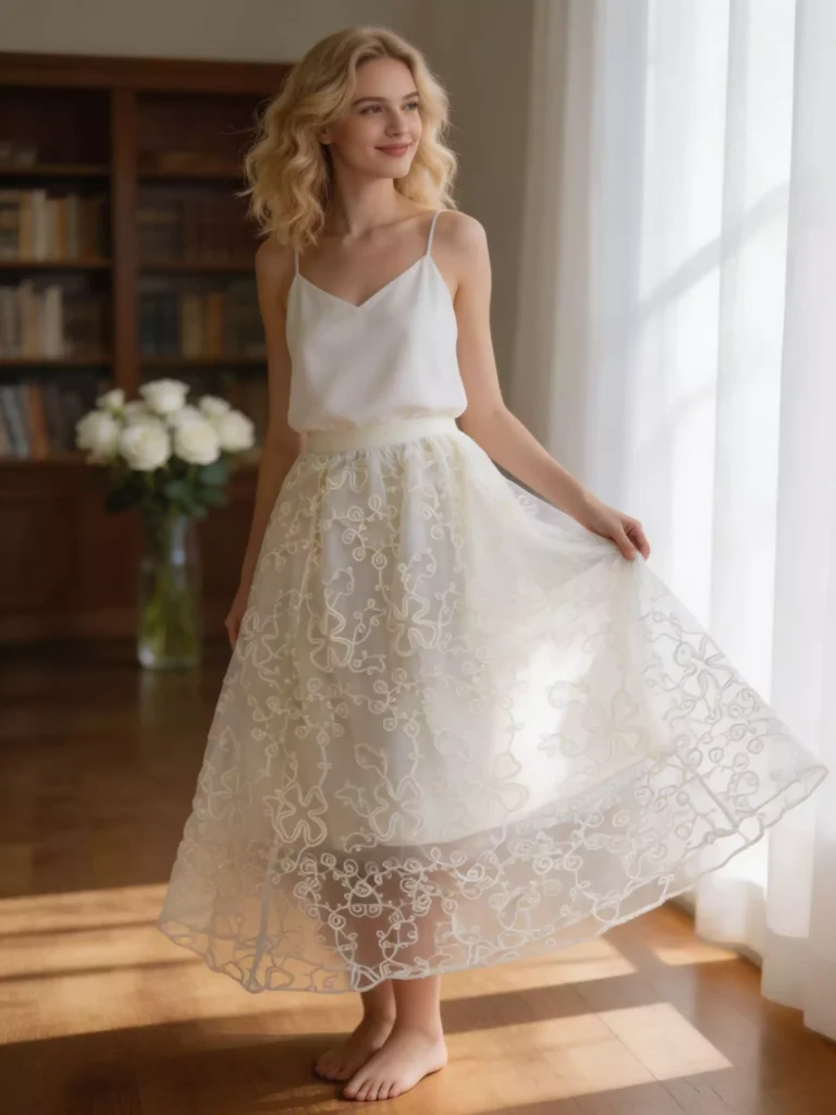 A model wearing a white swirl-embroidery lace skirt and camisole in a sunlit room, showcasing an elegant and ethereal aesthetic.