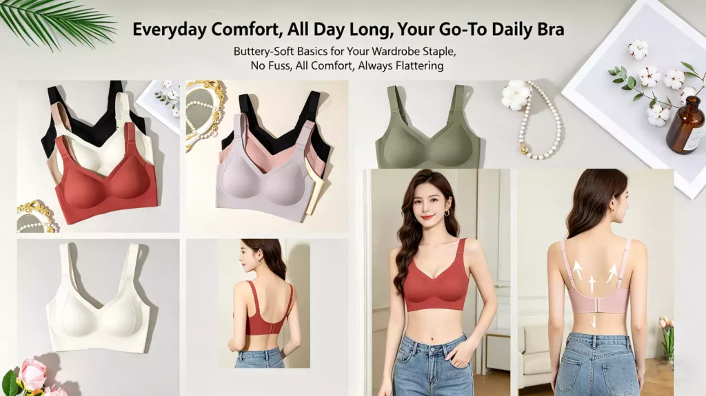 A promotional banner for everyday seamless comfort bras, showing a woman displaying the front view in a brick-red bra and the back view in a pink bra, alongside a grid of stacked product photos in various colors like black, cream, olive, and lavender.