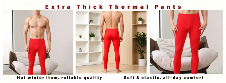 A product collage showing extra thick red thermal pants on a model, featuring front and back views, highlighting the soft, elastic fabric for all-day comfort.