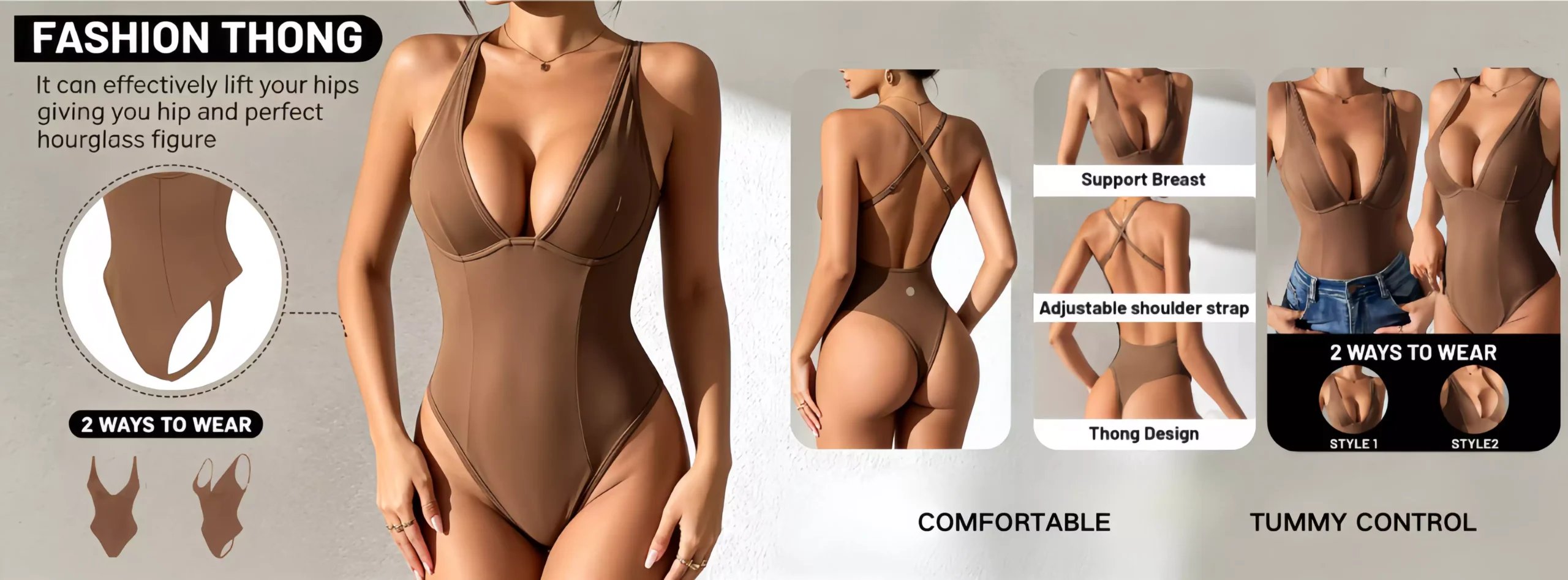 A model wearing a brown fashion thong bodysuit, showcasing its tummy control, hip-lifting effect, and versatile 2-way wearing styles, featuring a cross-back strap design.