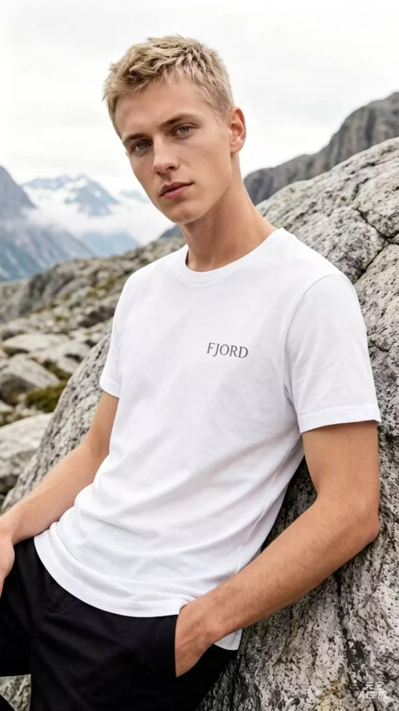 A young model wearing a white short-sleeve t-shirt with a "FJORD" logo, leaning against rocks in a mountainous landscape.