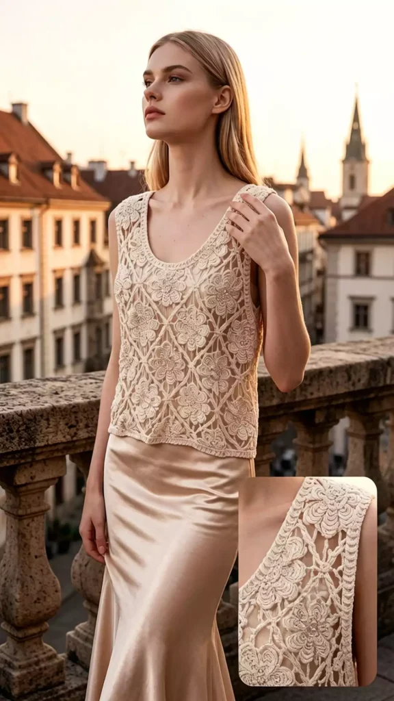 A model wearing an off-white floral crochet vest and a satin skirt, posing on a balcony overlooking European architecture, with a close-up inset of the shoulder weaving texture in the bottom right.