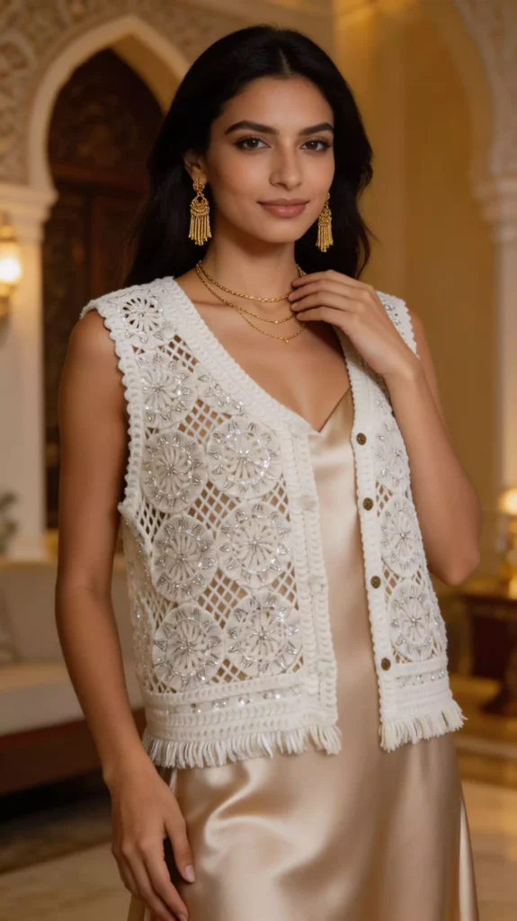 A close-up shot of a model wearing a white floral crochet vest, styled with golden tassel earrings and layered necklaces in an elegant setting.