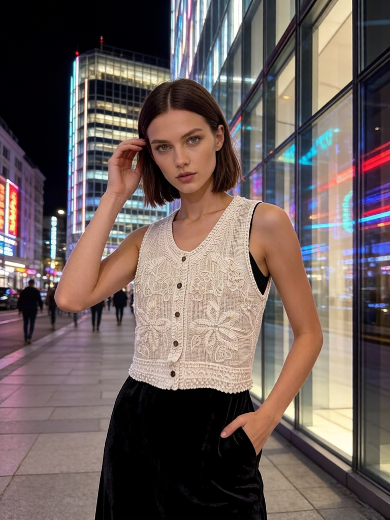 A model wearing a white floral crochet vest with a black outfit, posing on a neon-lit busy city street at night, showcasing modern evening style.