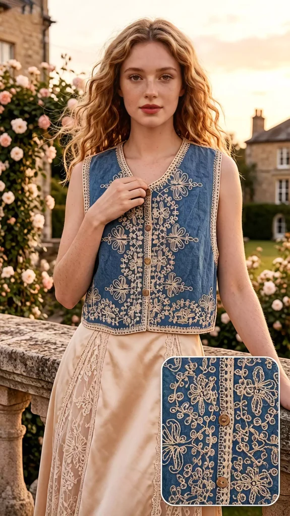 A model in a rose garden wearing a blue floral embroidery vest and a champagne lace skirt, with a close-up inset of the embroidery craftsmanship and button details in the bottom right.