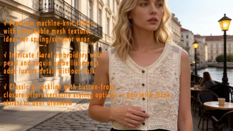 A model wearing a floral embroidery knit vest on a European street, with product features listed on the left, such as breathable fabric, pearl & sequin embellishments, and versatile neckline design.