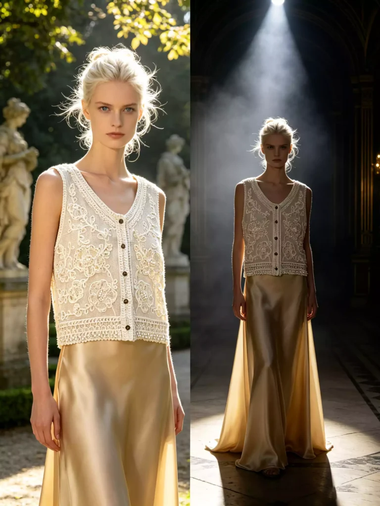 A side-by-side contrast shot of a model wearing an embroidery crochet vest and gold silk skirt, showcasing the outfit in both outdoor garden and indoor spotlight settings.