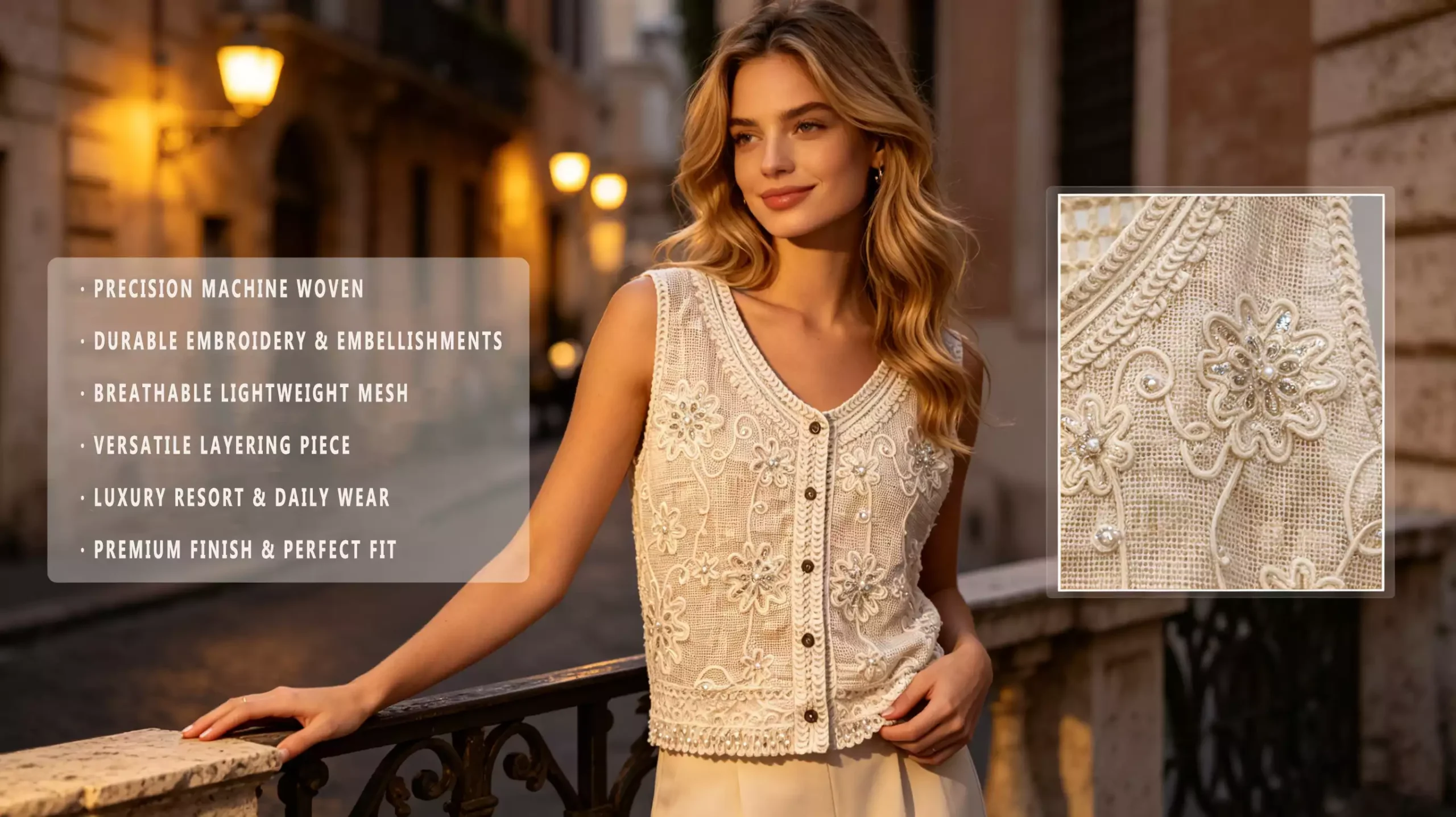 A promotional poster showcasing a floral embroidery vest, with key product benefits listed on the left, a close-up of the embroidery craftsmanship in the inset, and a European street background.
