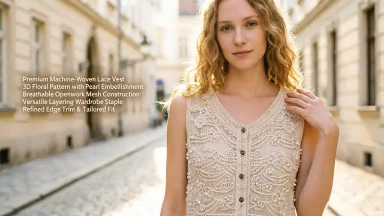 A promotional brand poster featuring a model wearing a floral lace vest on a European street, with product features like 3D floral patterns and pearl embellishments listed on the left.
