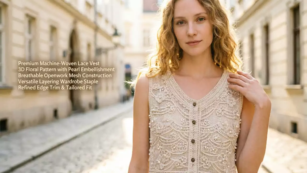 A promotional brand poster featuring a model wearing a floral lace vest on a European street, with product features like 3D floral patterns and pearl embellishments listed on the left.