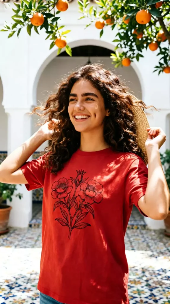 A female model with natural curly hair wearing a red crew-neck t-shirt with a floral print, laughing in a courtyard under an orange tree.