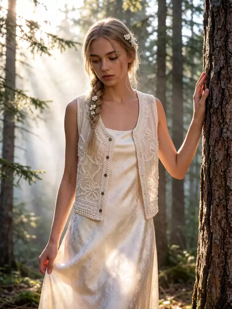 A model posing in a sun-drenched forest, wearing a white floral embroidery crochet vest and a silk dress with a side braid, showcasing a forest-fairy romantic style.