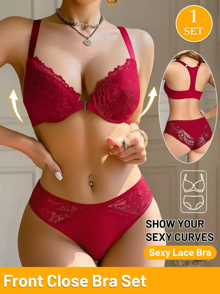 Red Front-Closure Lace Bra Set
