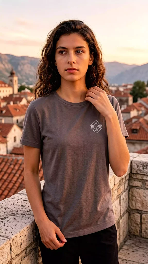 A female model wearing a dark grey crew-neck t-shirt with a geometric logo on the chest, standing by an old stone wall against a stunning sunset background.