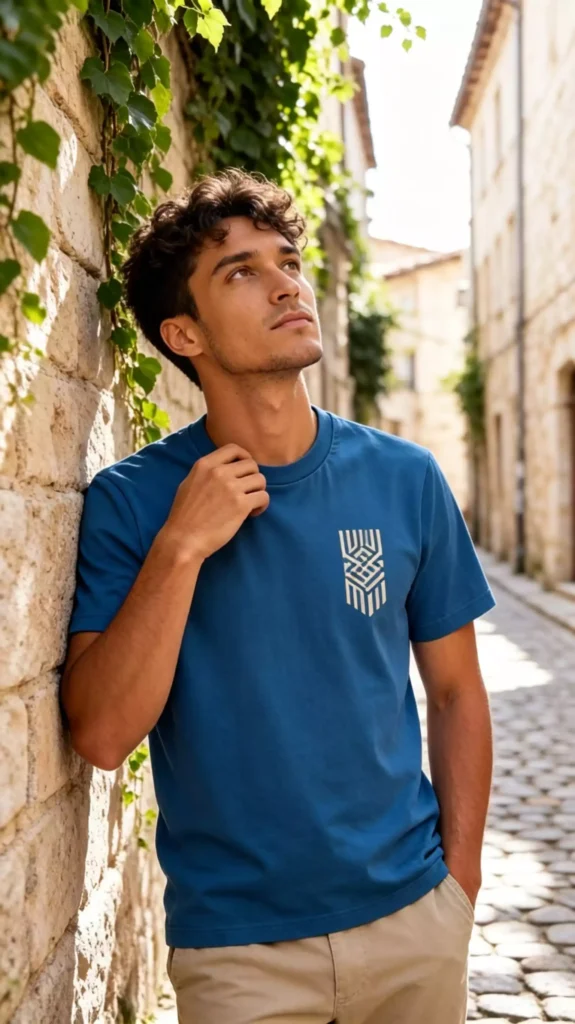 A curly-haired male model wearing a blue crew-neck t-shirt with a geometric pattern, leaning against an ancient ivy-covered stone wall on a sunlit European street.