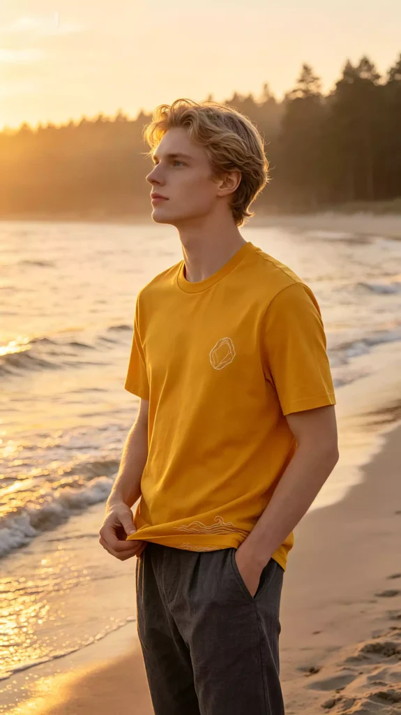 A young blonde male model wearing a yellow crew-neck t-shirt with a minimalist line-art graphic, standing on a beach at sunset.