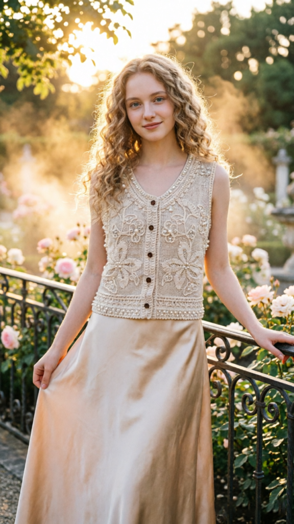A model wearing an exquisite embroidery and pearl-adorned crochet vest in a rose garden at sunset, showcasing elegant vintage style.