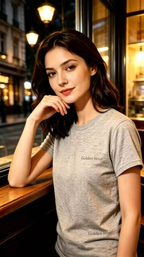 A female model wearing a grey crew-neck t-shirt with "Golden Hour" text, sitting in a cafe.