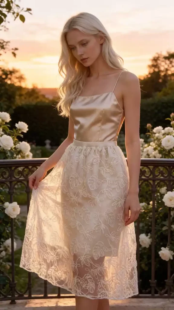 A model walking in a rose garden during the golden hour, wearing a white leaf-embroidery mesh skirt and silk camisole, showcasing an elegant resort-wear style.