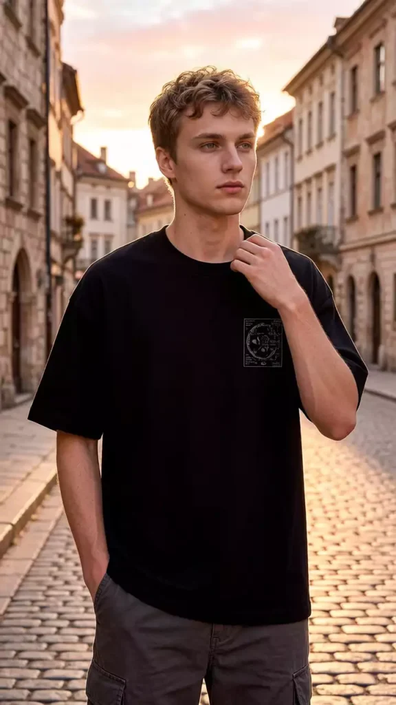 A blonde male model wearing a black crew-neck t-shirt with a small chest print, standing on a cobblestone street in an old European town.