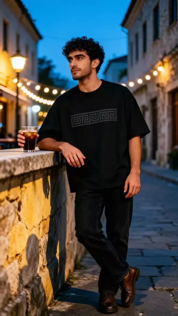 A curly-haired male model wearing a black t-shirt with a Greek key pattern, leaning against a stone wall in an old town, holding a glass of iced drink.