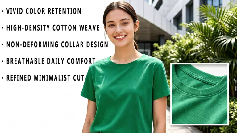 A smiling model wearing a green crew-neck t-shirt, with product performance benefits listed on the left and a close-up of the collar stitching on the bottom right.