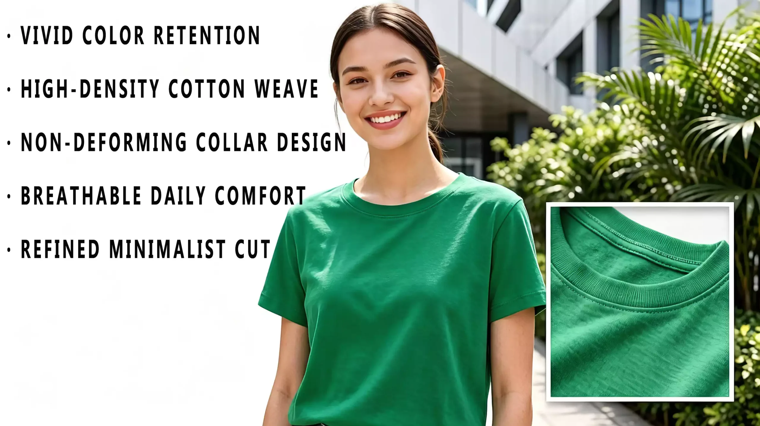 A smiling model wearing a green crew-neck t-shirt, with product performance benefits listed on the left and a close-up of the collar stitching on the bottom right.