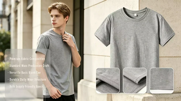 Model wearing a grey crew-neck t-shirt with close-ups of fabric texture and product craft details.