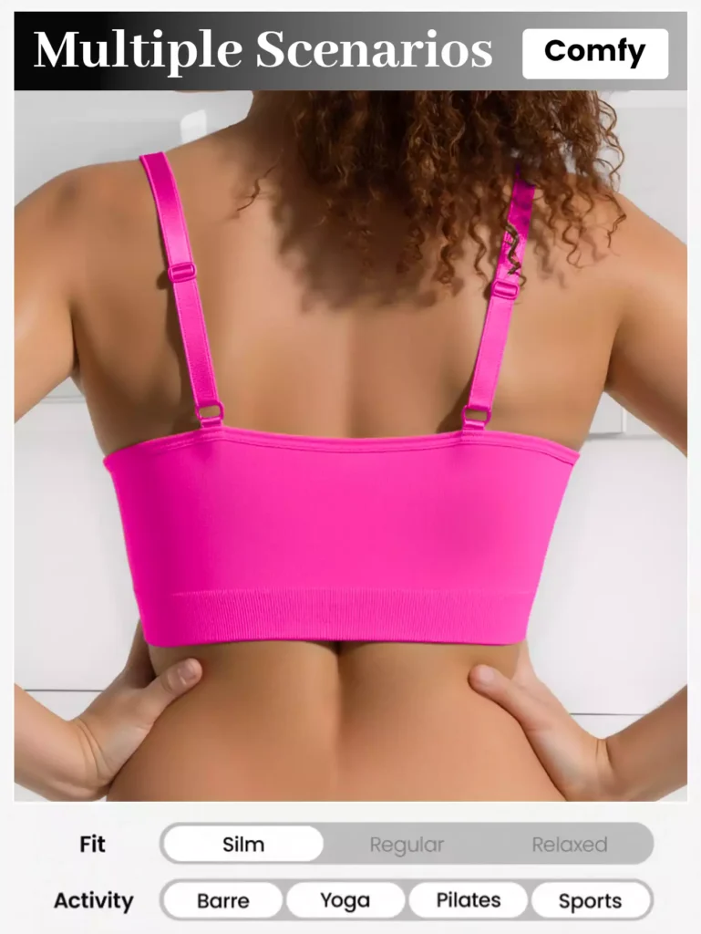 Back view of a model in a vibrant hot pink seamless bra, showing a slim fit design suitable for activities like Barre, Yoga, Pilates, and Sports.