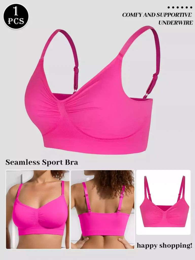 Product feature display of a hot pink seamless sport bra, including model shots showing front and back views, and a comfy underwire design for maximum support.