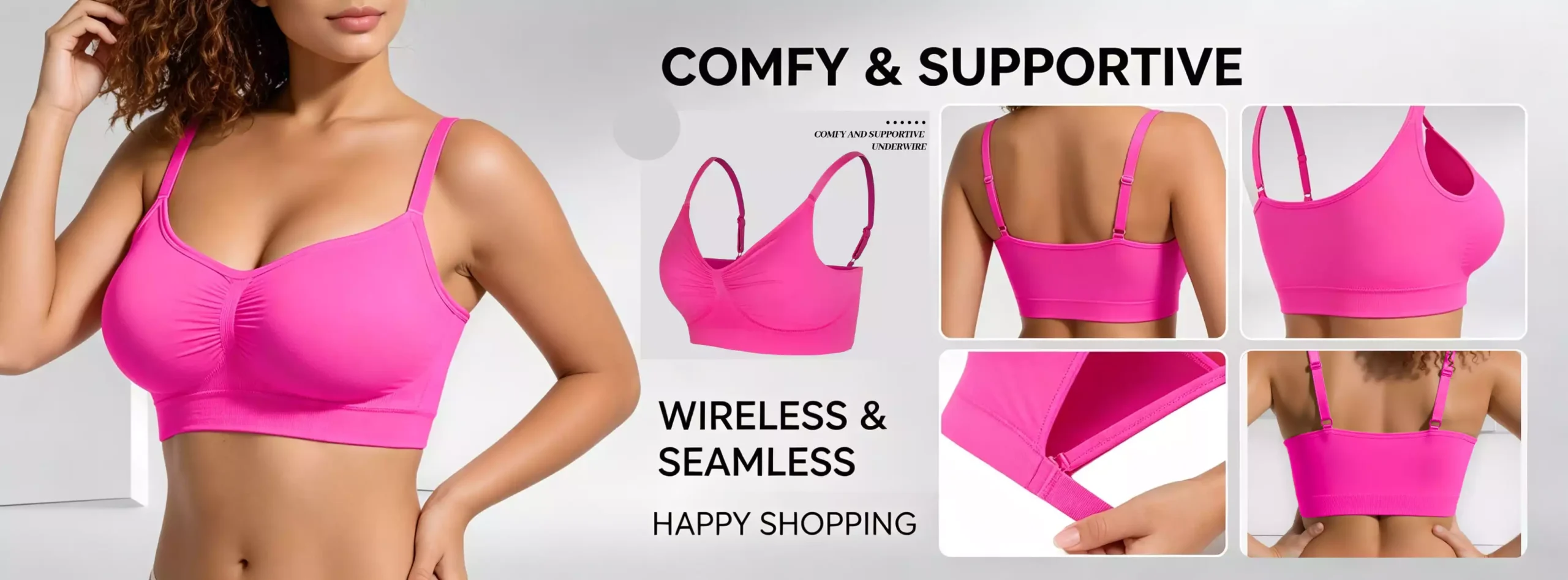 A comprehensive product showcase of a hot pink wireless and seamless bra, featuring model photography, back view, and underwire comfort details for a perfect fit.