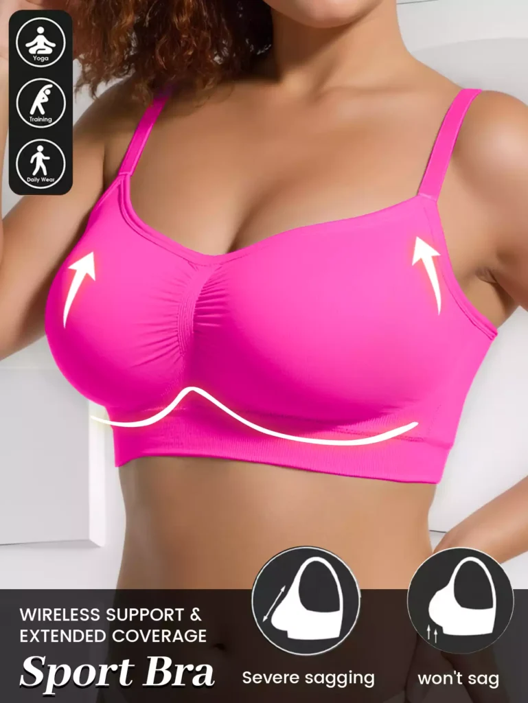 Model wearing a vibrant hot pink wireless sport bra, demonstrating lift and anti-sagging support technology for yoga, training, and daily wear.