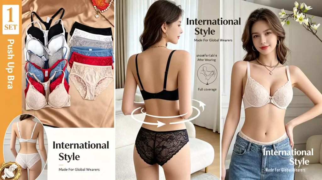 A promotional banner for a push-up bra and lace underwear set, showcasing a model from the front and back in beige and black sets, alongside a flat lay of various product colors.