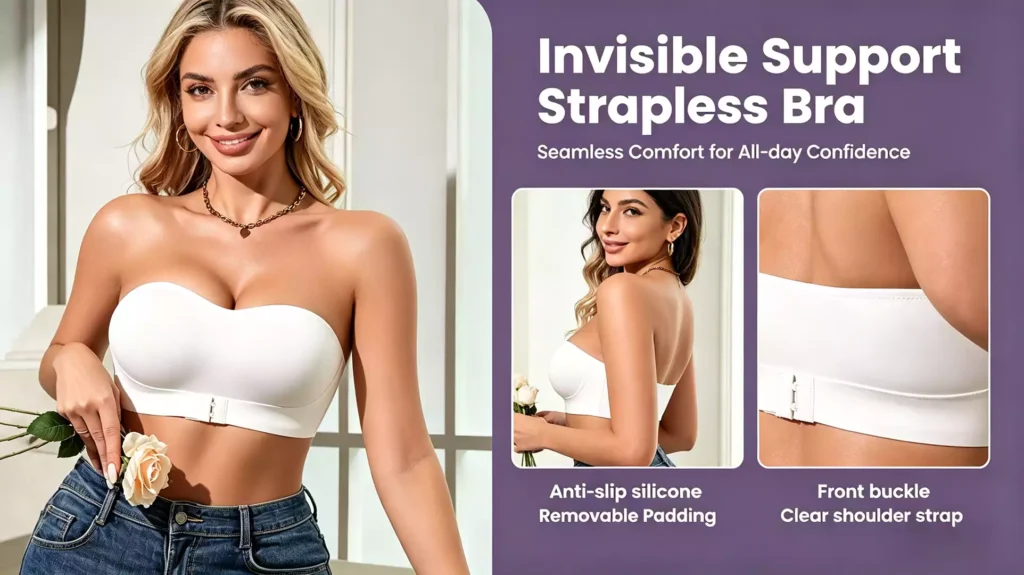 A promotional banner for an invisible support strapless bra featuring a smiling woman wearing the white seamless bra with jeans, alongside side-view and back-detail close-ups showcasing its fit and features.