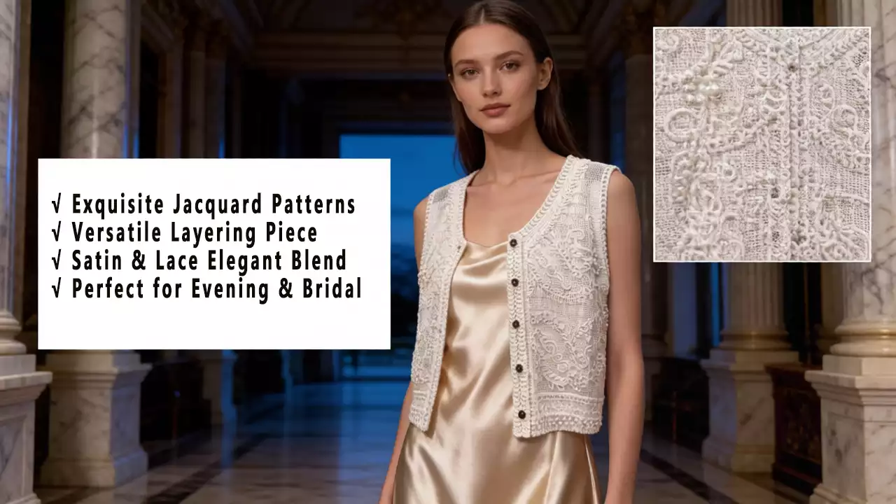A promotional poster featuring a model wearing a jacquard lace vest over a satin dress in a palace hall, with product benefits listed on the left and a fabric detail inset in the top right.
