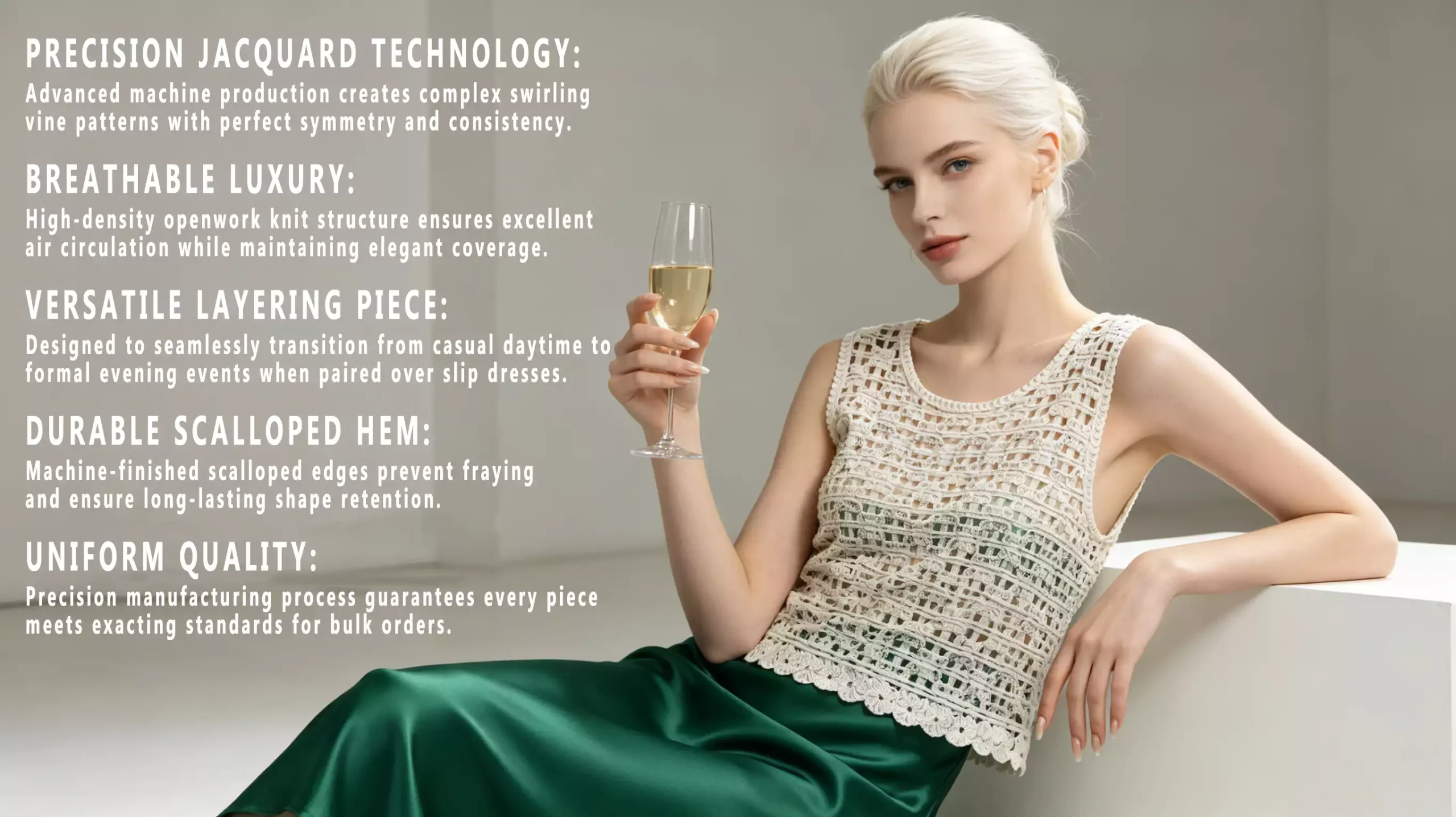 A promotional product banner for a crochet vest, featuring a list of key benefits like precision jacquard technology, breathable construction, and versatile styling on the left.