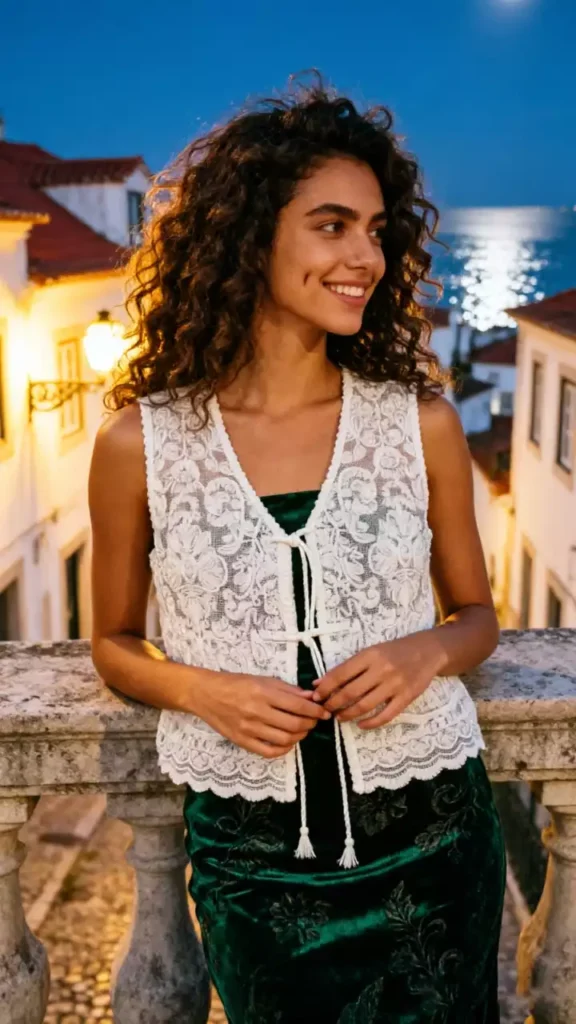 A model posing on a street in a European town at night, wearing a white lace tie-front vest and a deep green velvet dress, showcasing an elegant and sophisticated style.