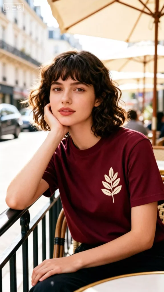 A curly-haired female model wearing a burgundy crew-neck t-shirt with a leaf print, sitting on a cafe terrace, resting her chin on her hand.