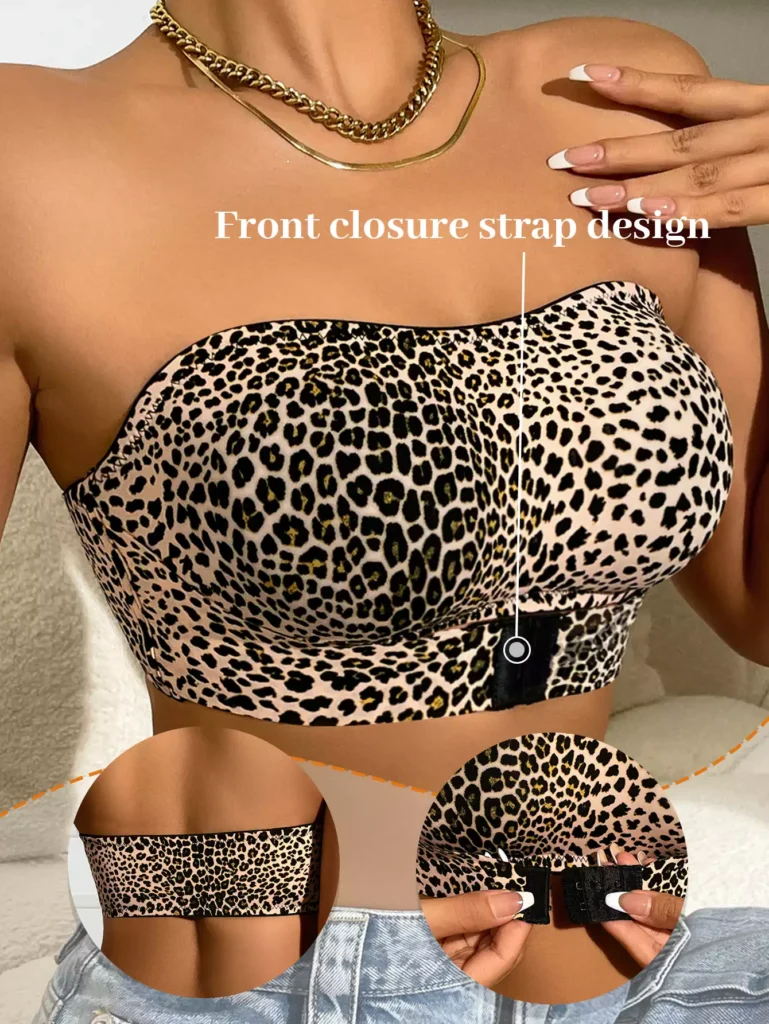 A model wearing a leopard print bandeau bra with a focus on the front closure strap design, including inset images showing the clasp mechanism from the front and back.