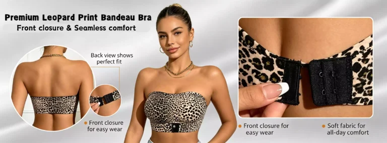 A model wearing a premium leopard print bandeau bra with a front closure, featuring close-up details of the seamless fabric and the easy-to-use front clasp design.